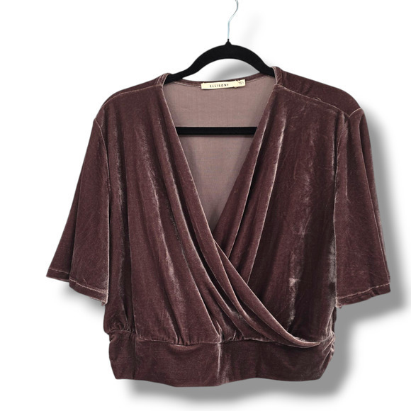 Ellison Women's Velvet Surplice‎ V Neck Cropped Short Sleeve Blouse Brown Large - Picture 1 of 9